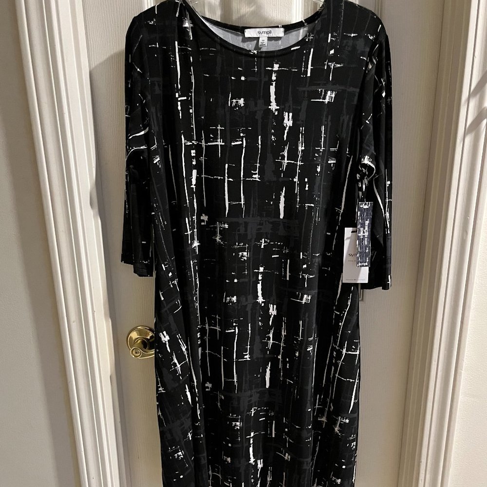 Sympli Trapeze Dress, 3/4 Sleeves, Boatneck, Cute Black & White Print, Sz 10 NWT